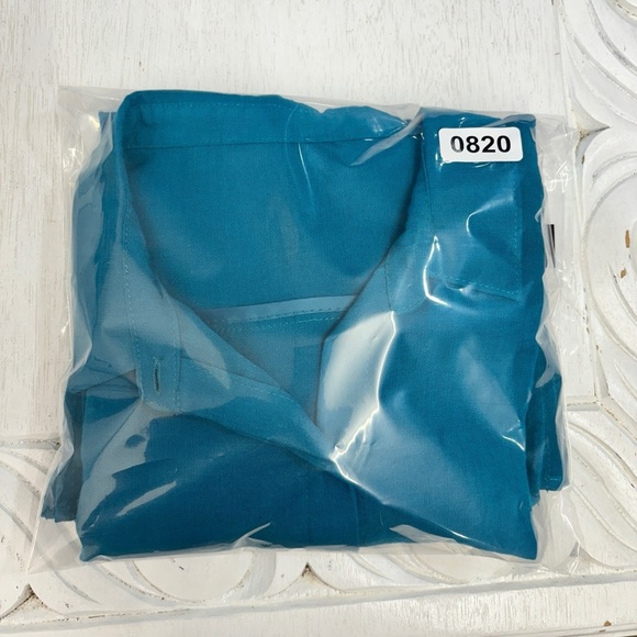 Fridaze 100% Linen Teal Turquoise Blue M Button Down Shirt Pleated Hem Collared - Picture 6 of 6